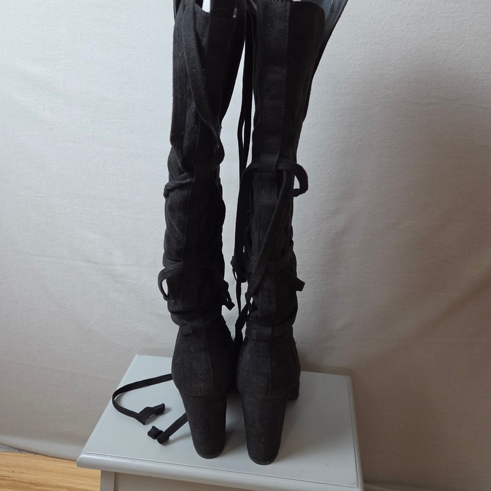 Black Faux Suede Over The Knee Strappy Wrap Lace Up Block Heel Boots Size 9 - Picture 4 of 6